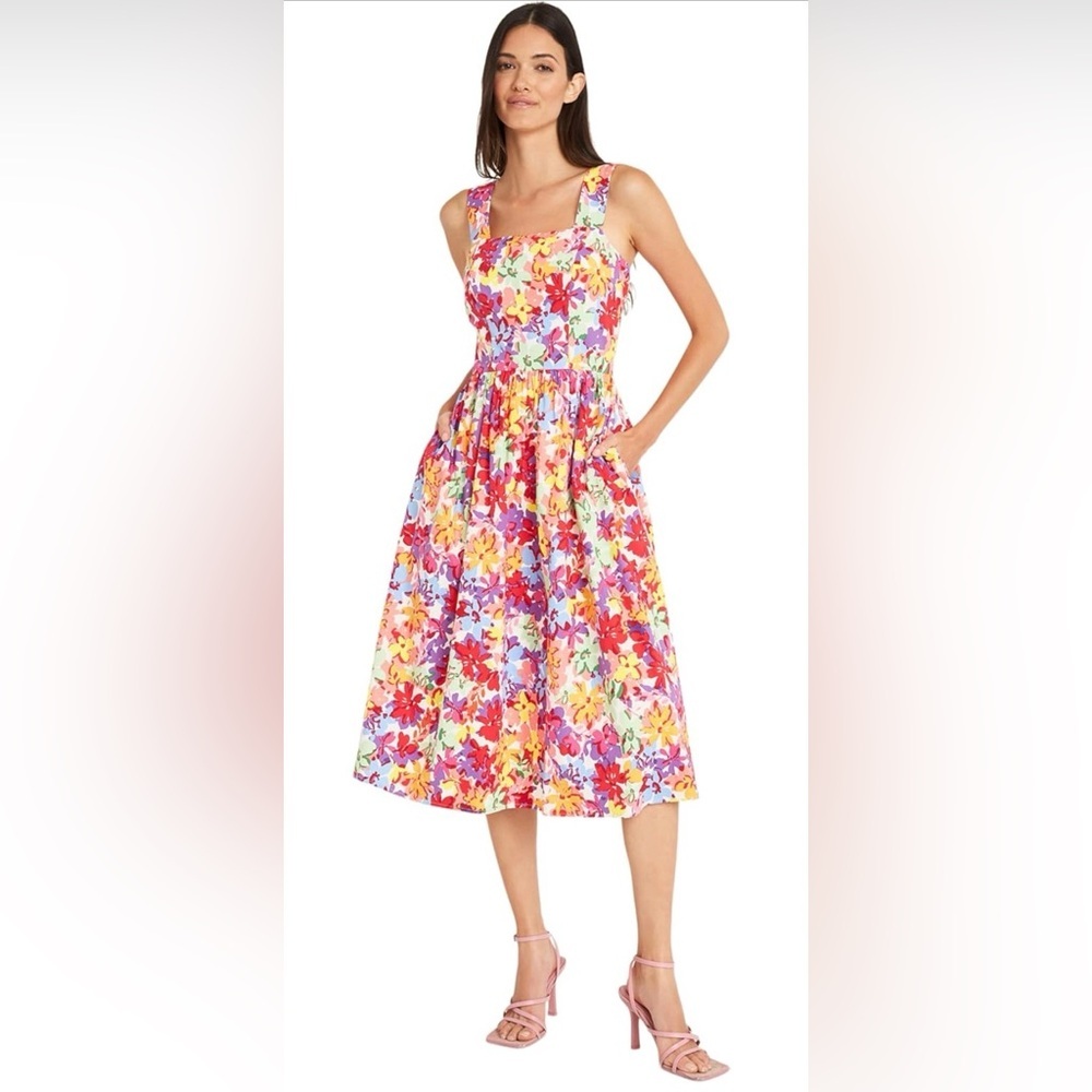 Maggy London Womens Midi Floral Dress Size 8 Coral Daisy Lined Full Skirt